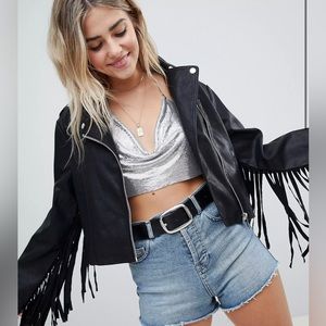 ASOS cute fringe faux leather biker jacket US size 2 .Brand new without tags!